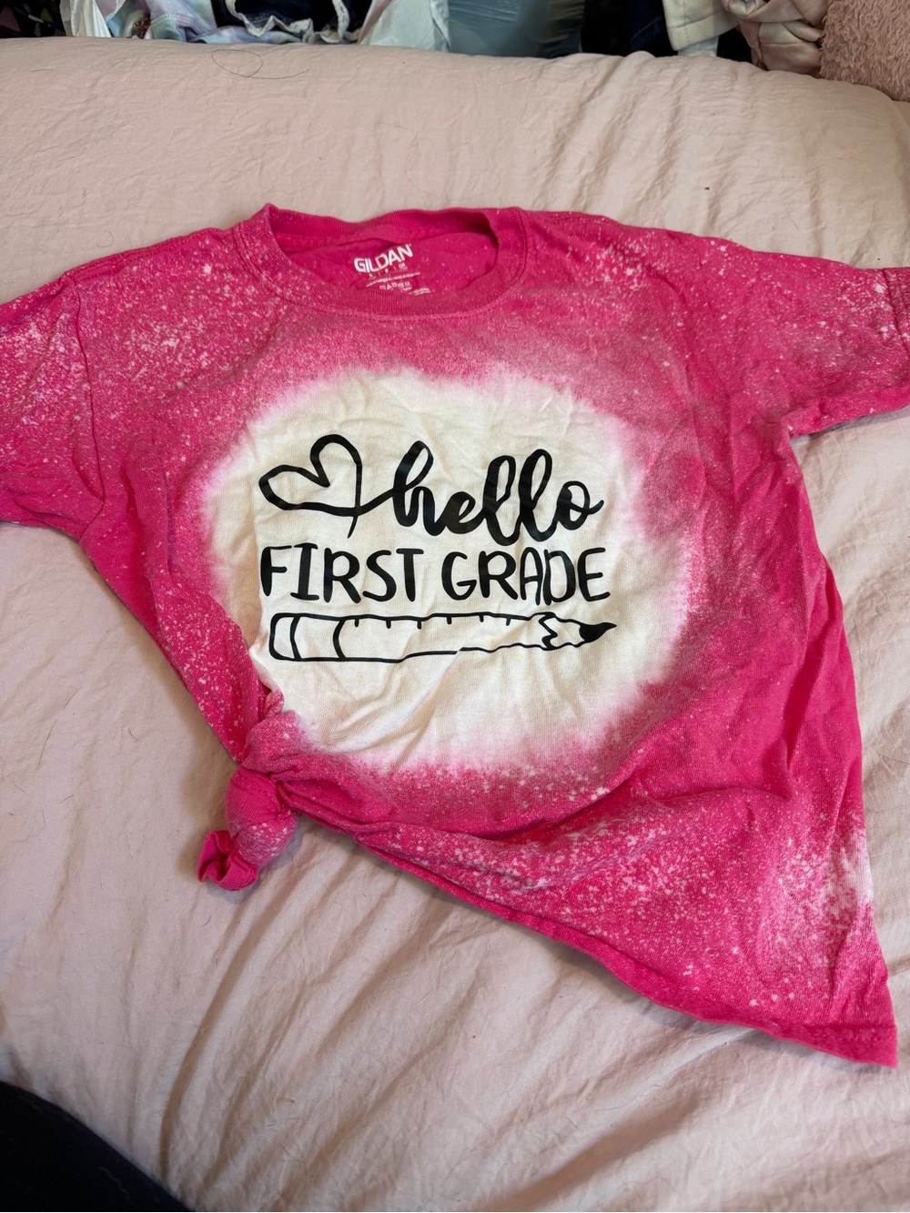 Gildan Pink Bleached "Hello First Grade" Kids Tee